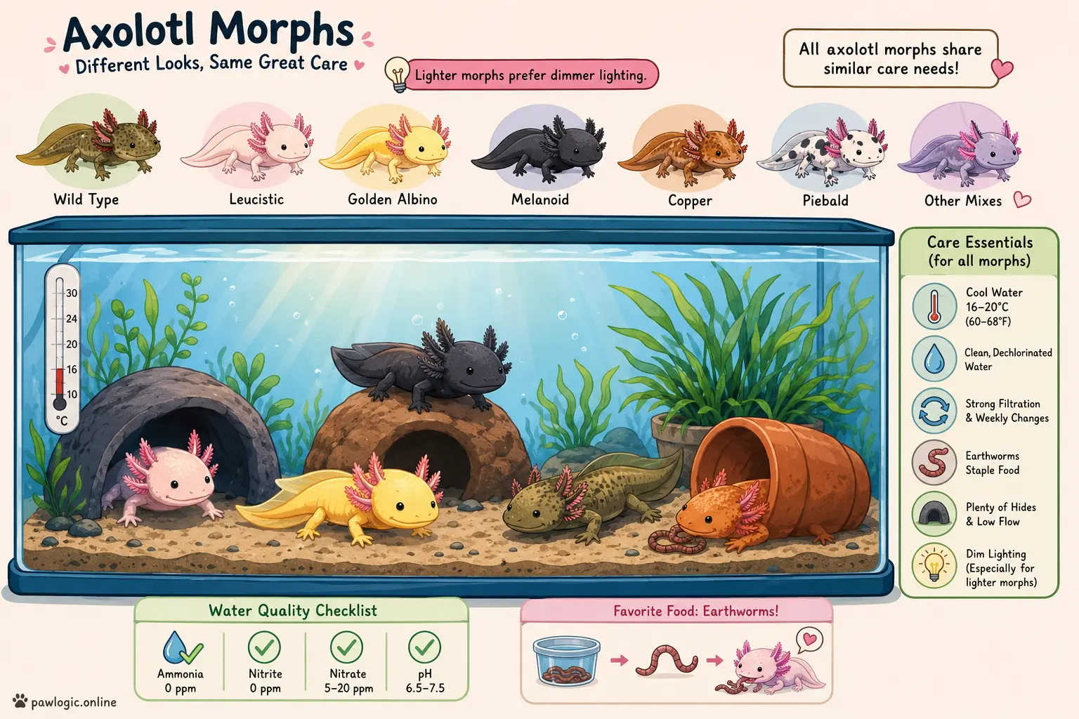 Stylized axolotl habitat showing care differences for color morphs