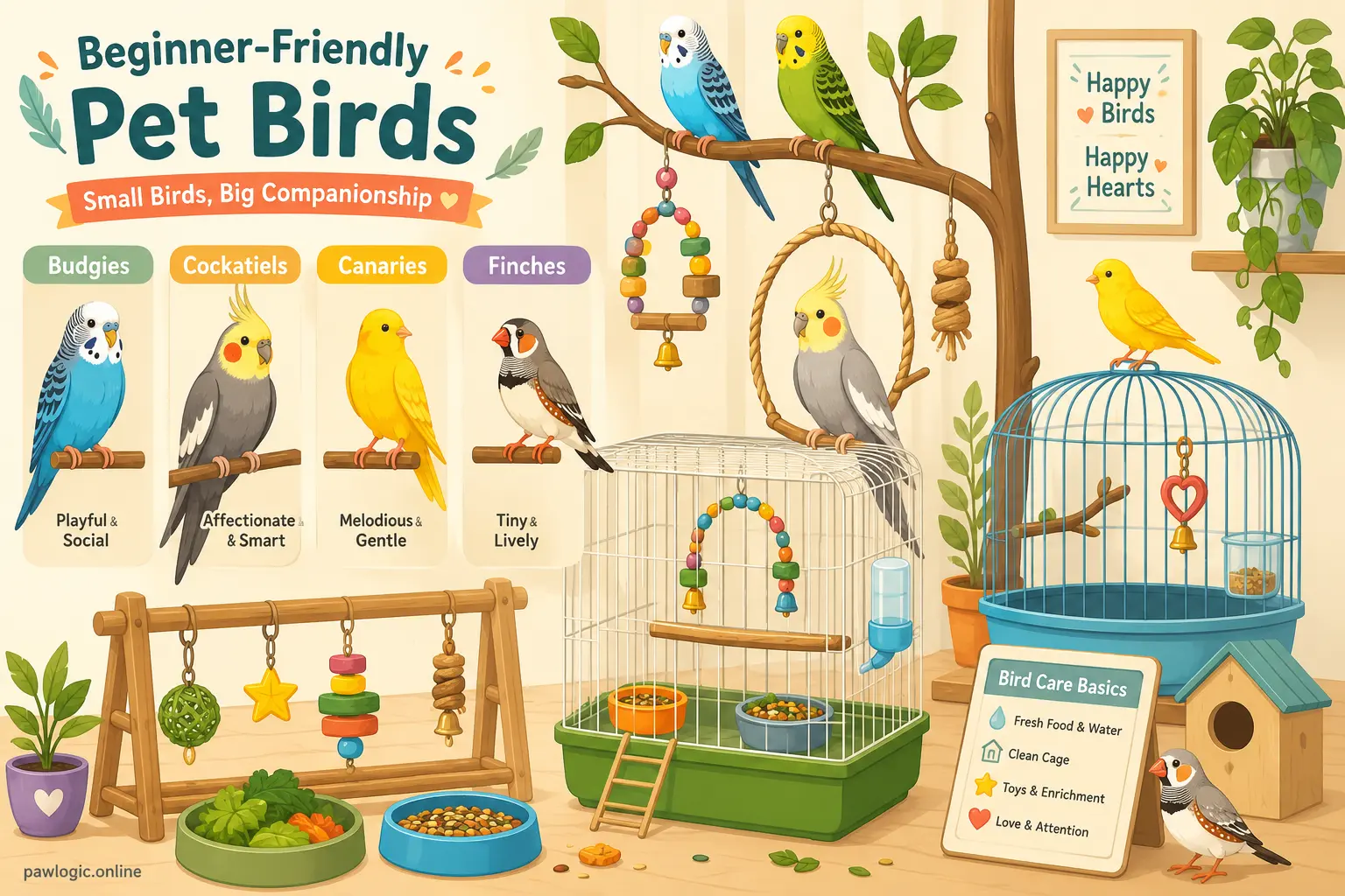 Collection of beginner-friendly pet birds in a cozy home setting