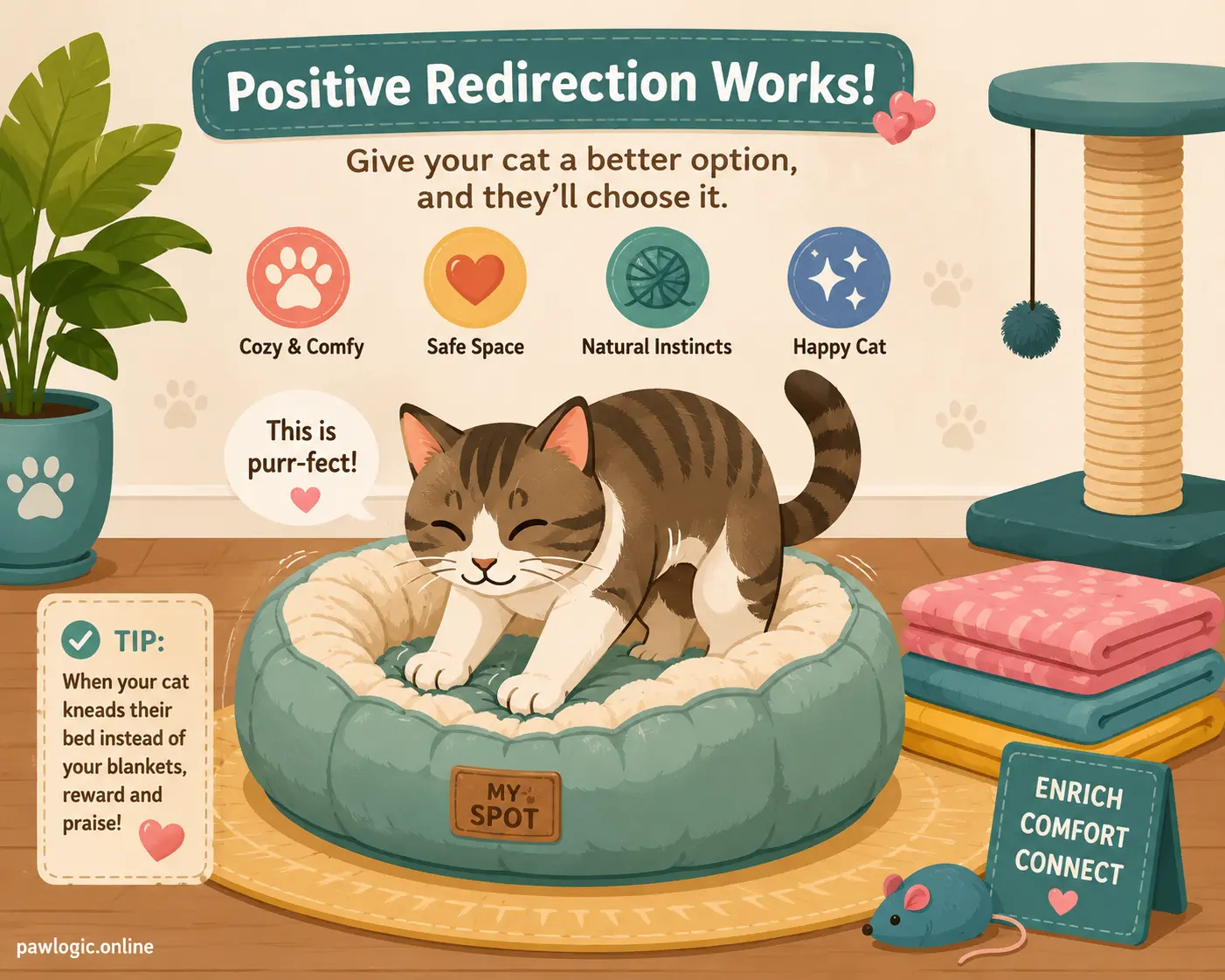 Cat enjoying a designated soft kneading bed