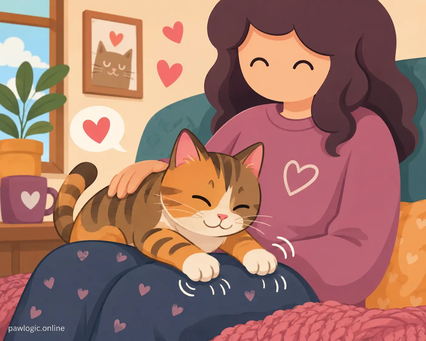 Trusting cat making biscuits on its owner's lap
