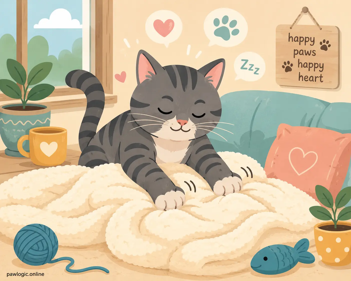 Stylized cat kneading a soft blanket comfortably