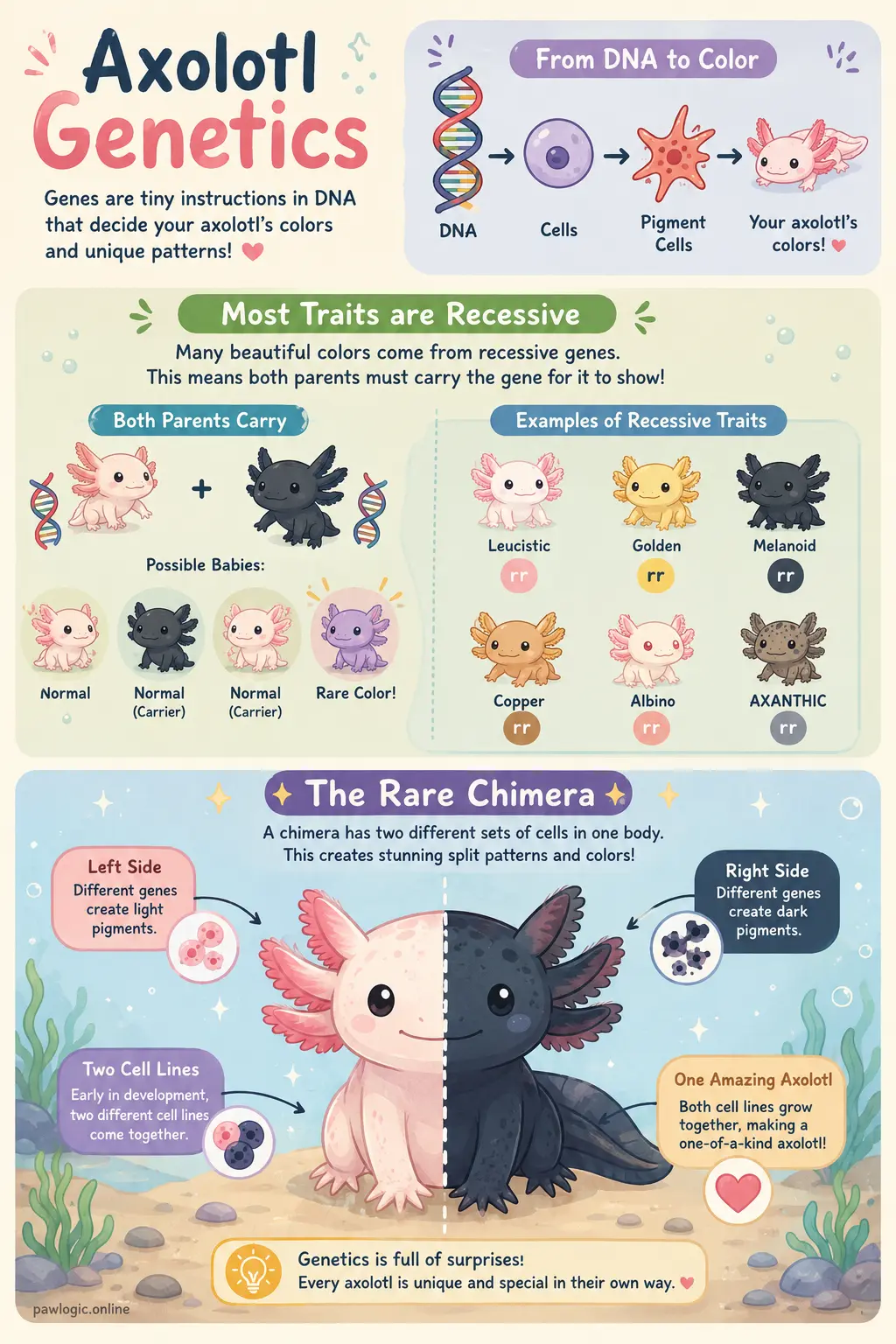 Whimsical illustration explaining rare chimera axolotl genetics