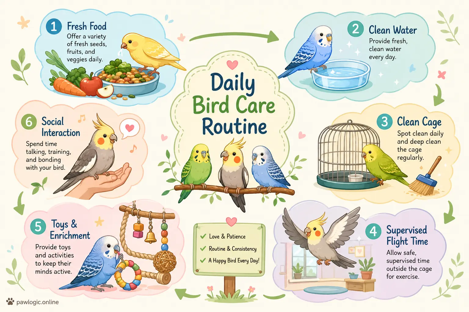 Illustrated daily care routine for a pet bird