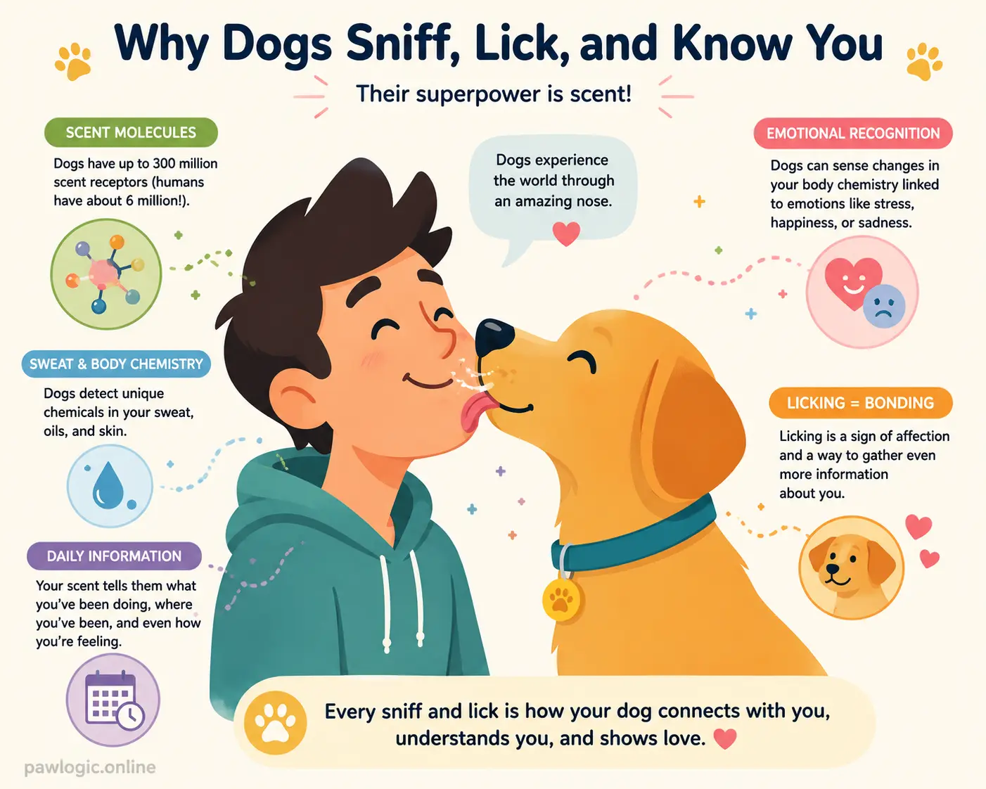 Dog exploring human face through scent and gentle licking