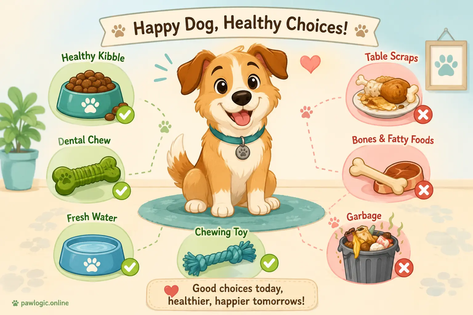 Cartoon illustration of healthy diet and chewing supporting dog dental health