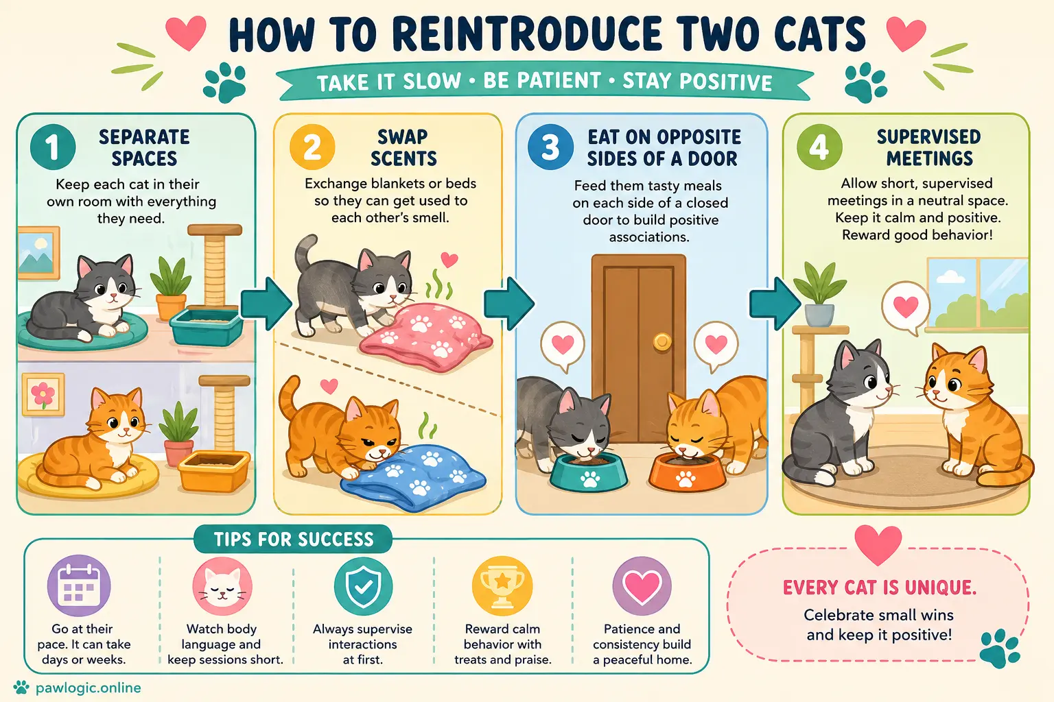 Step-by-step illustration of gradual cat reintroduction with scent swapping