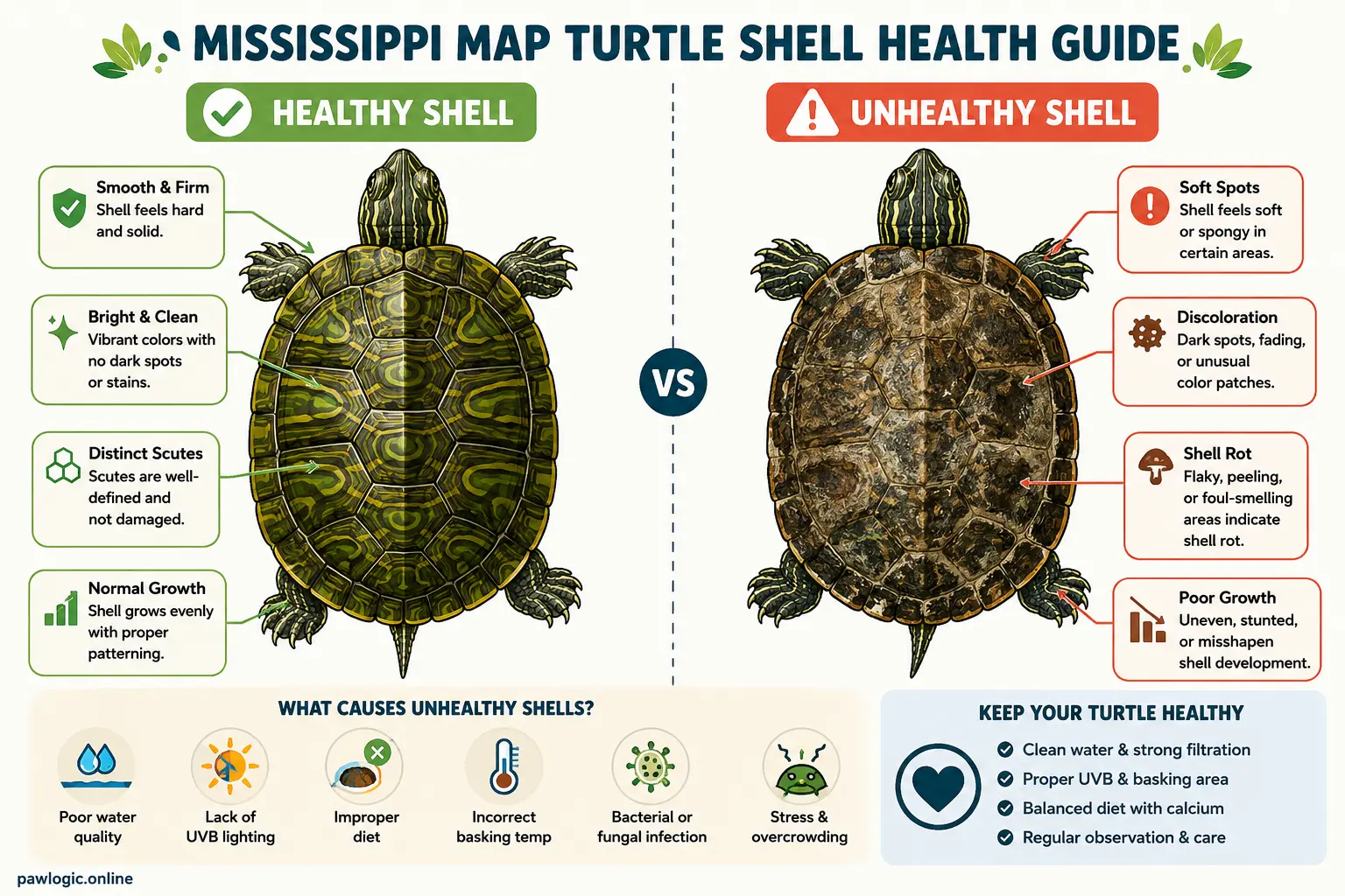 Healthy versus unhealthy Mississippi map turtle shell development illustration