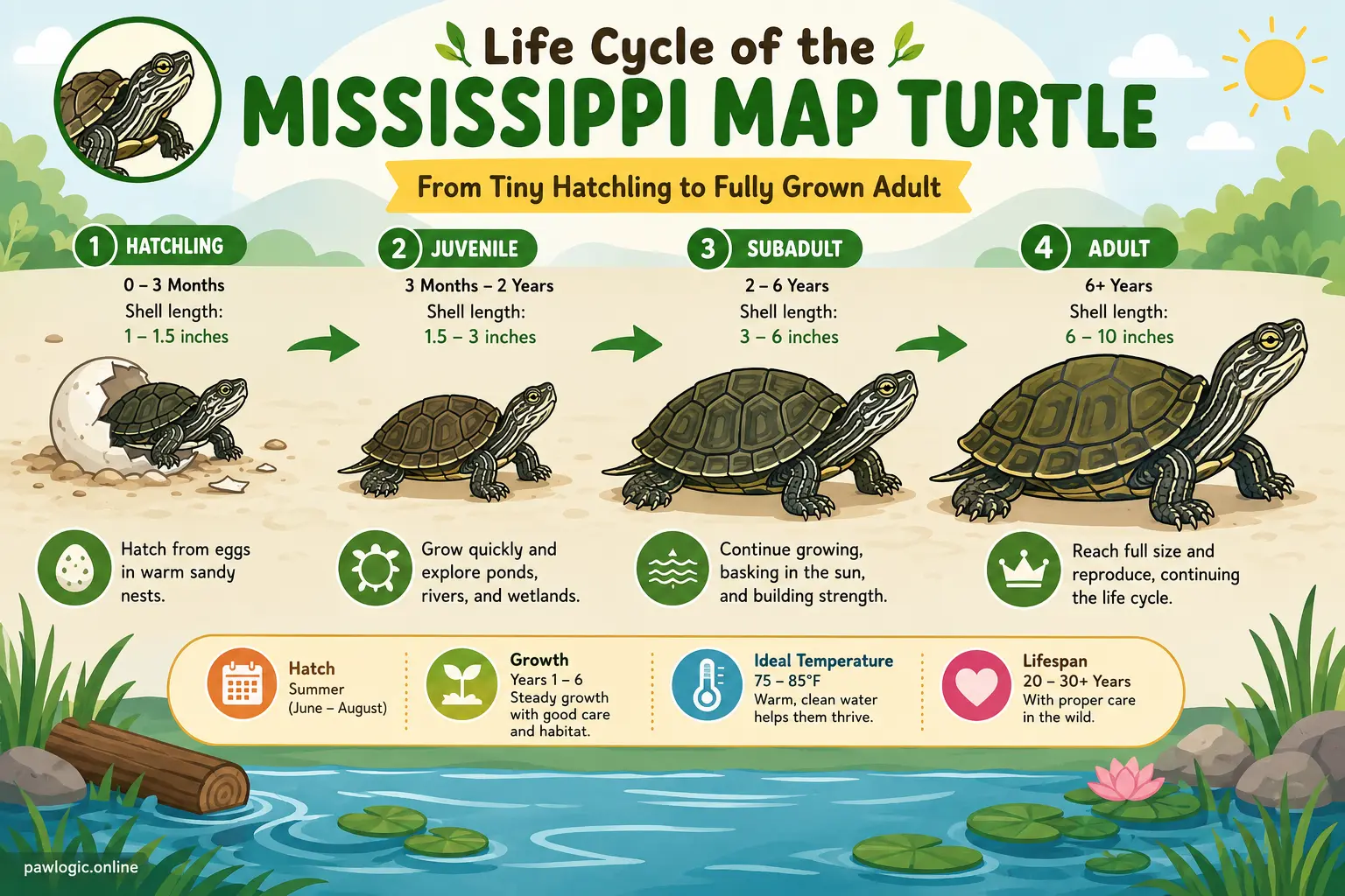 Growth stages of a Mississippi map turtle from hatchling to adult