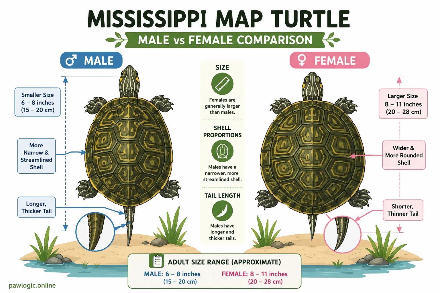 Illustrated comparison of male and female Mississippi map turtle size differences