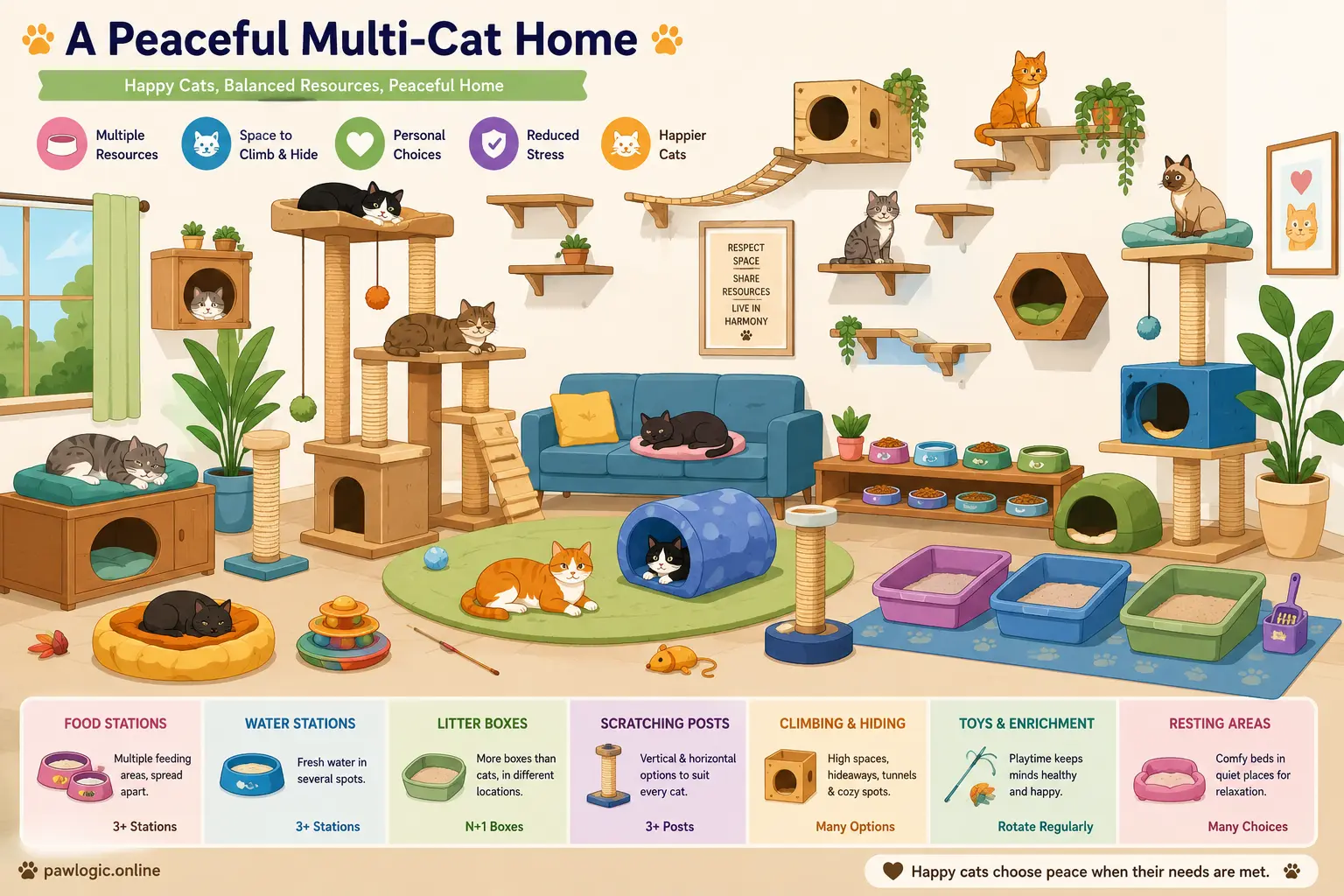 Peaceful multi-cat home with vertical spaces and separate resources
