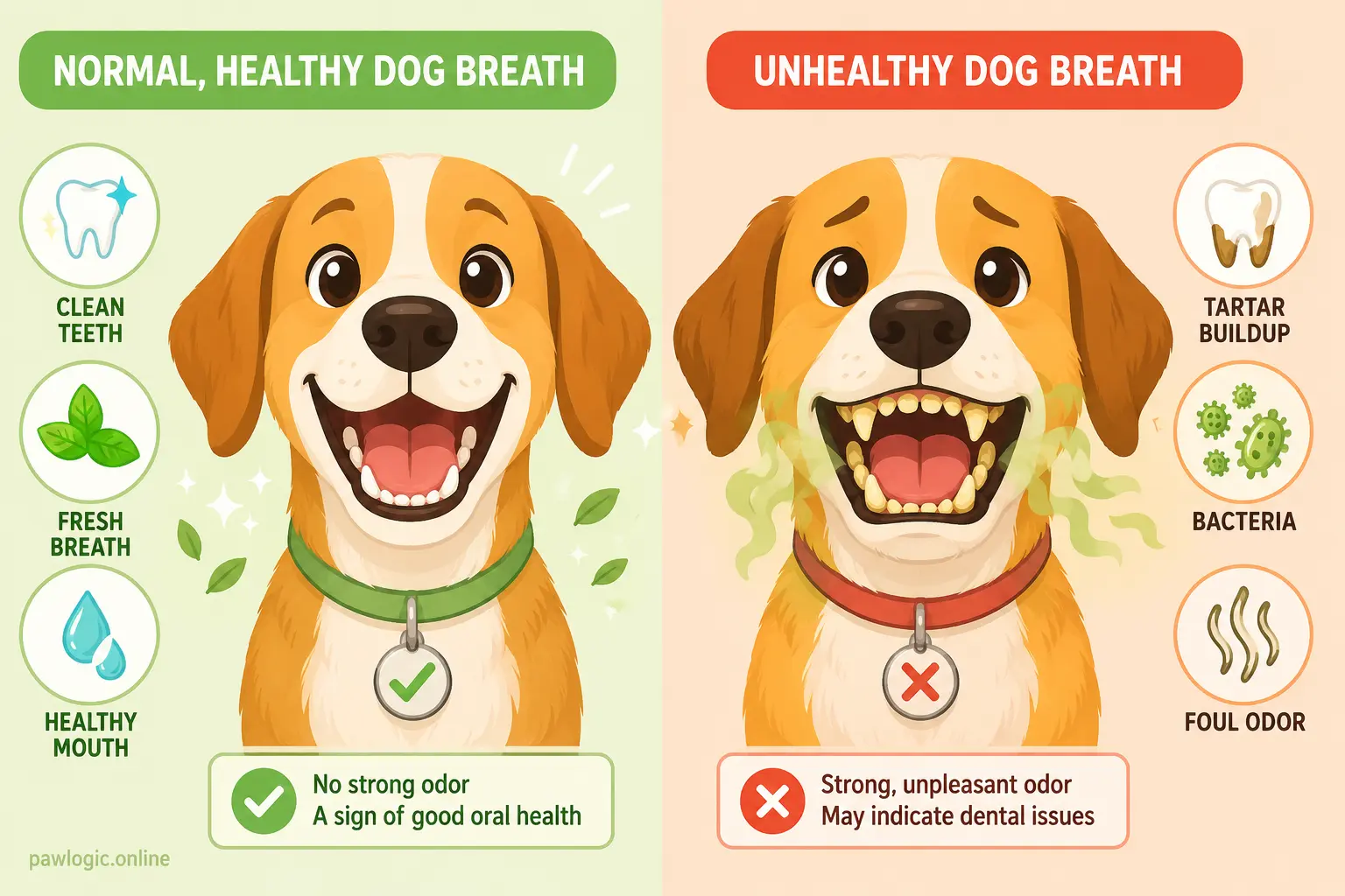 Illustration comparing normal dog breath with unhealthy foul breath