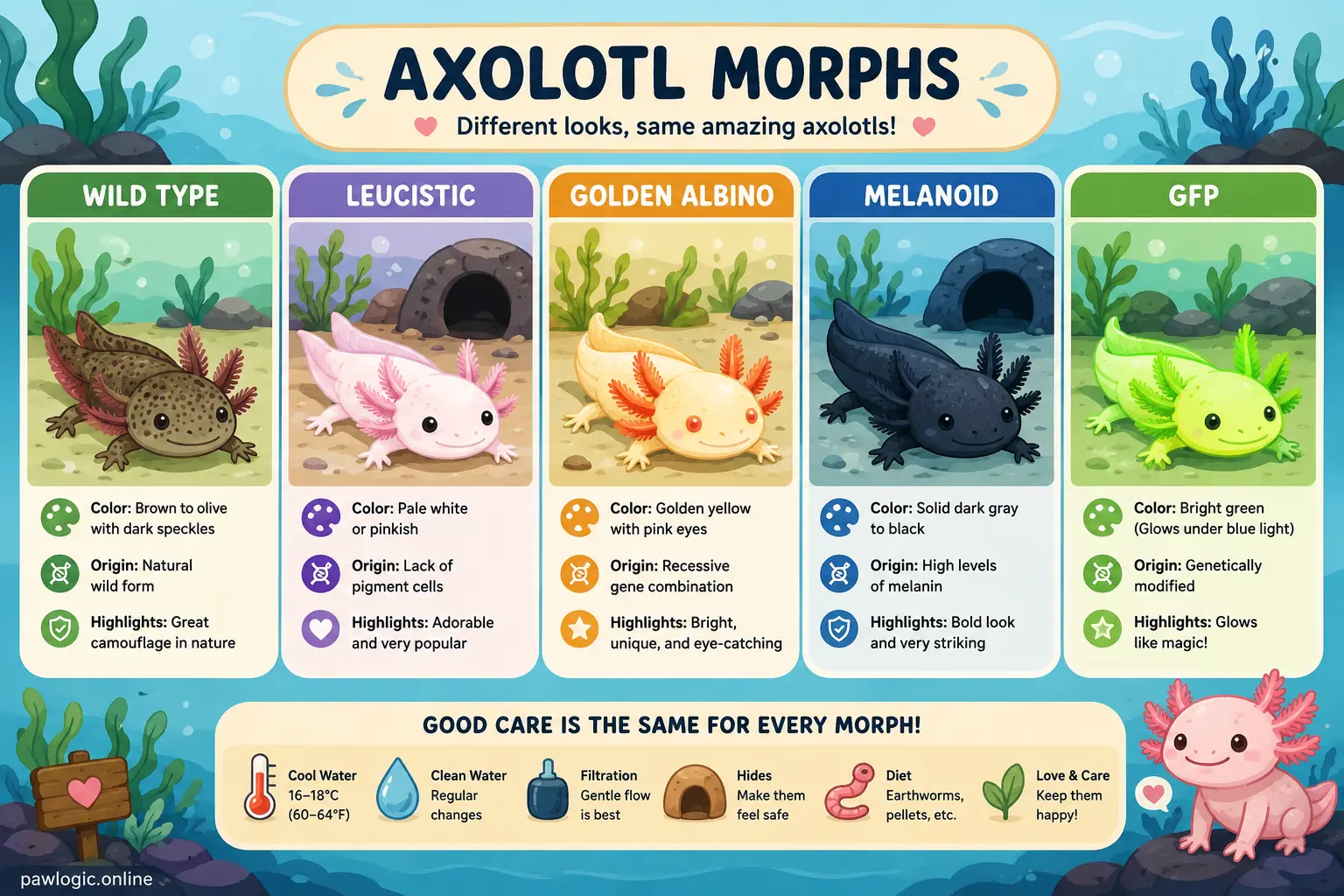 Illustrated comparison of popular axolotl color morphs