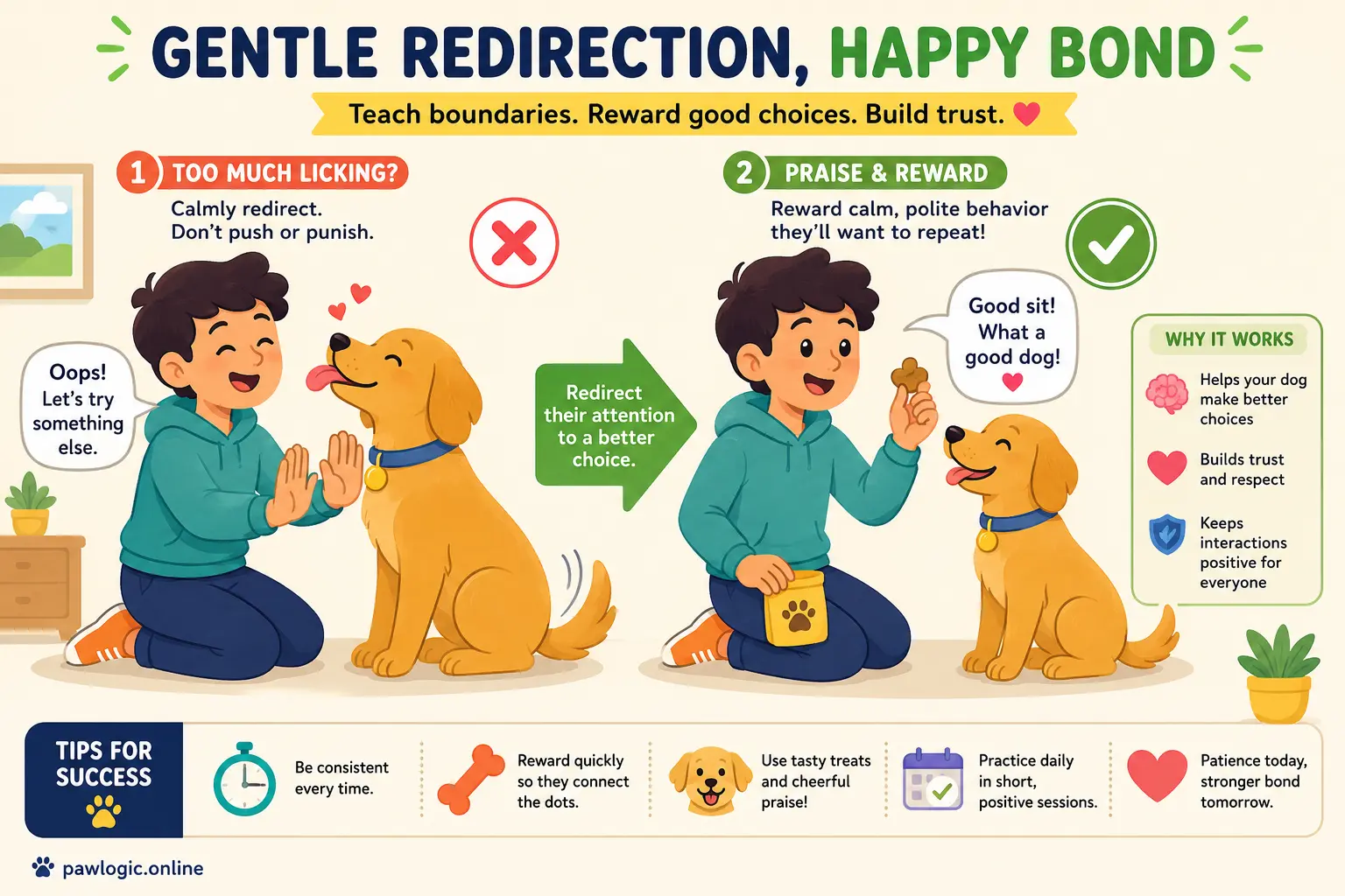 Owner gently redirecting a dog toward calm affectionate behavior