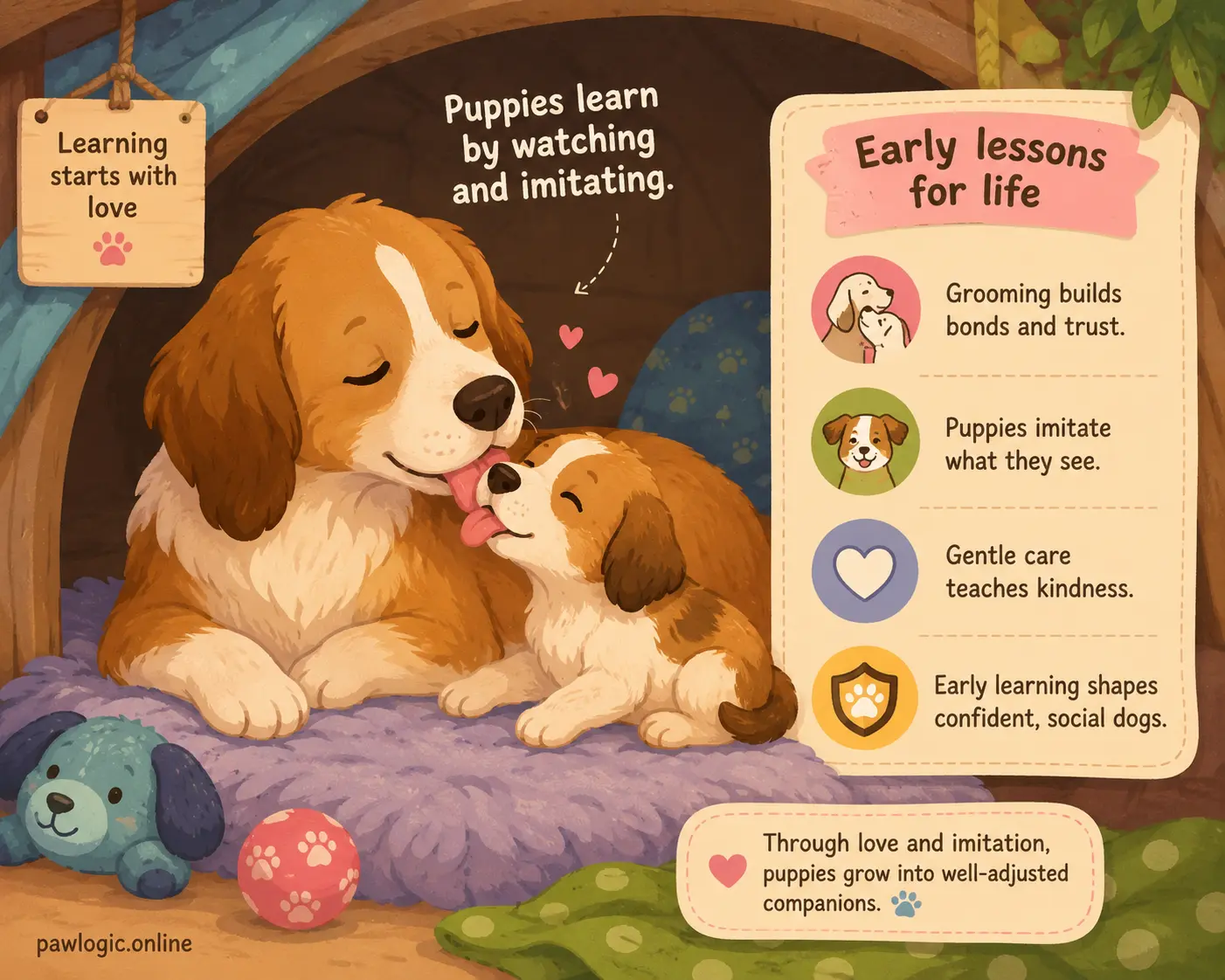Puppy learning affectionate face licking from its mother