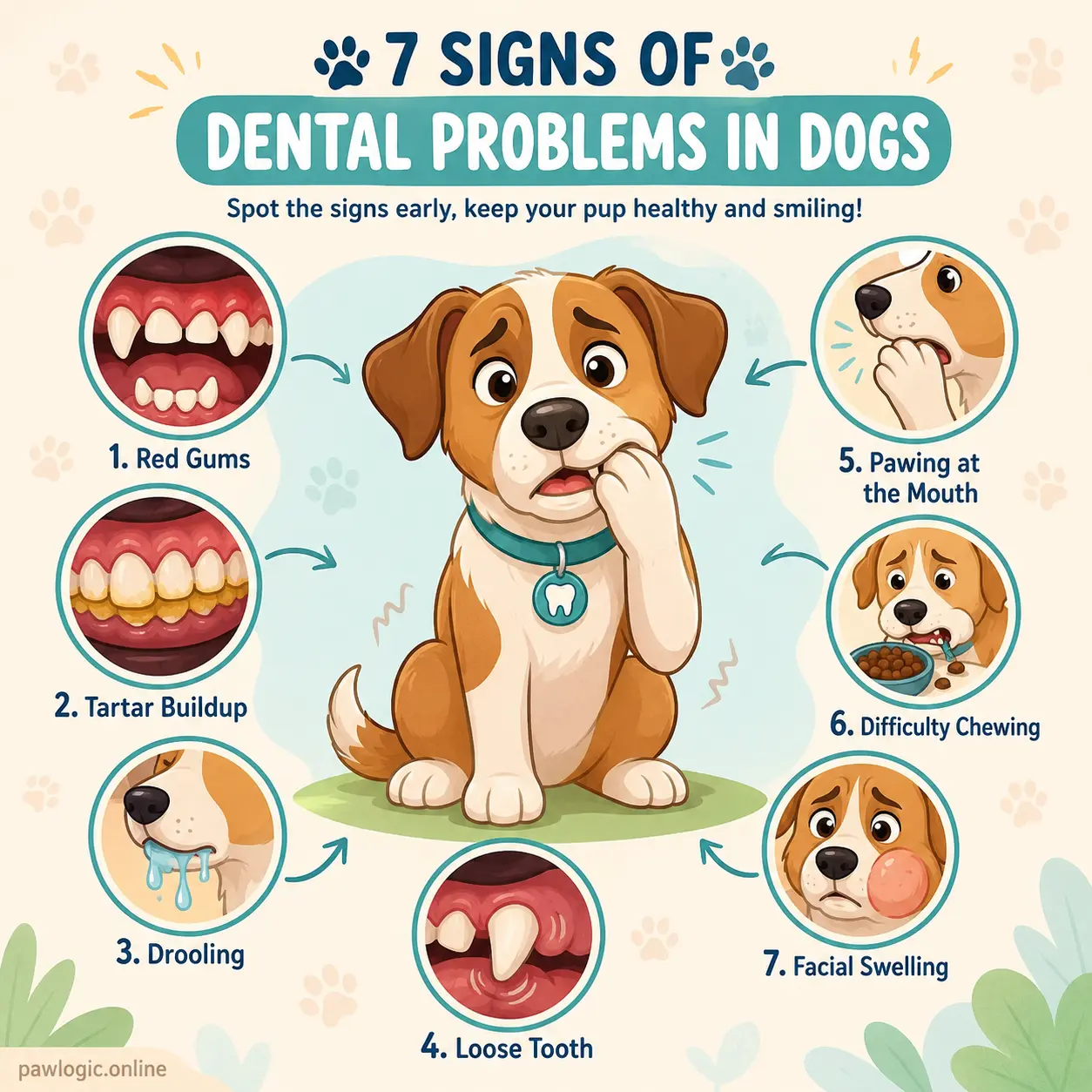 Educational illustration showing common warning signs of canine gum disease